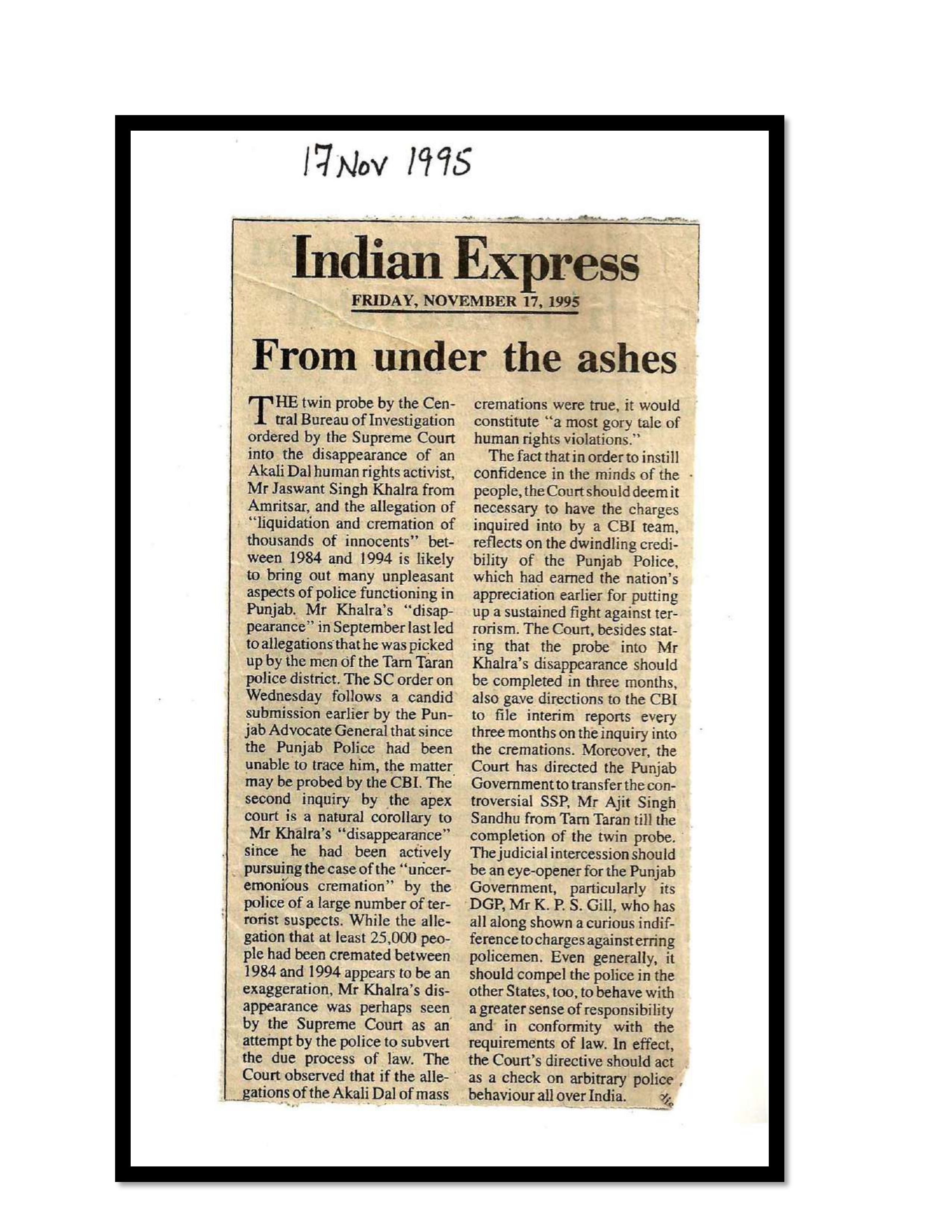 Jaswant Singh Khalra newspaper clipping page 13 — Punjab press archive