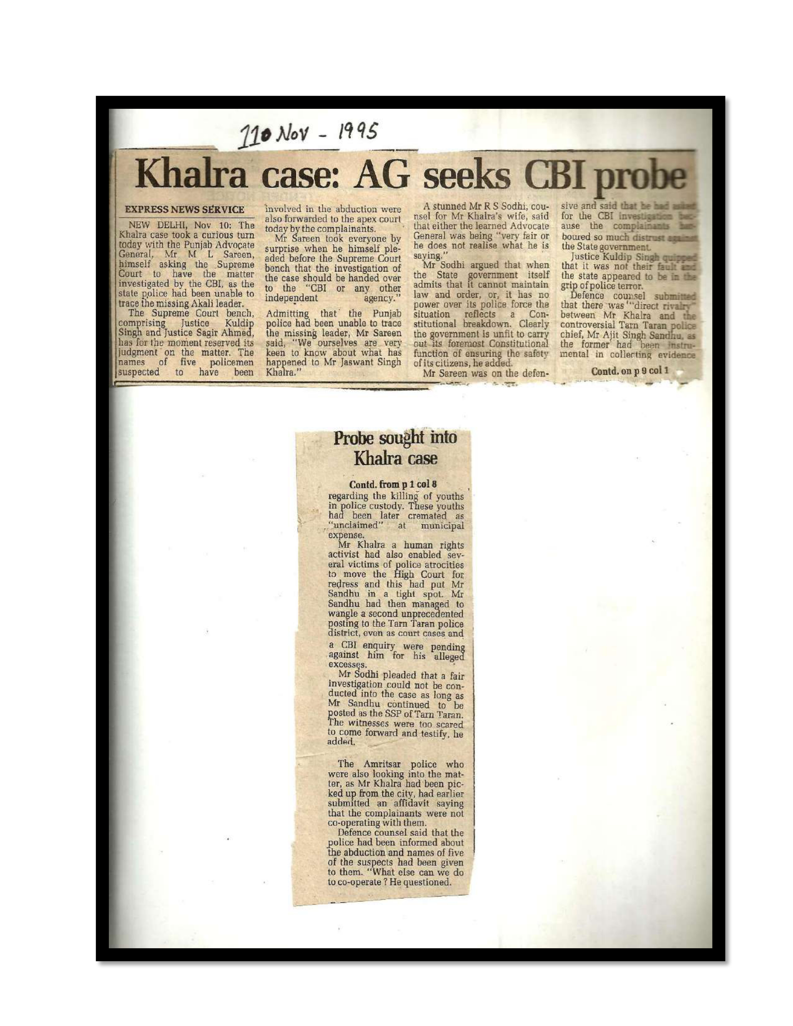 Jaswant Singh Khalra newspaper clipping page 19 — Punjab press archive