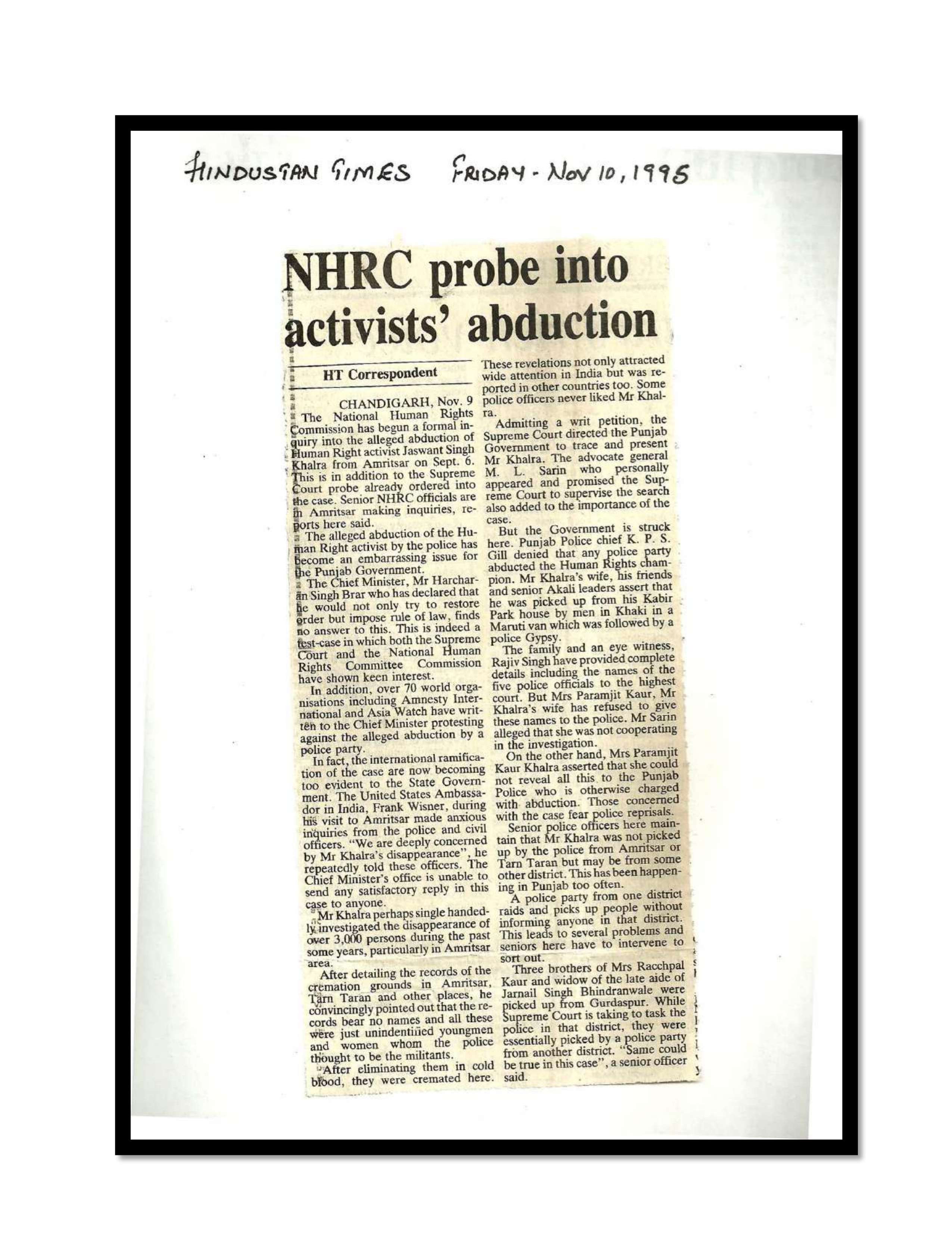 Jaswant Singh Khalra newspaper clipping page 20 — Punjab press archive