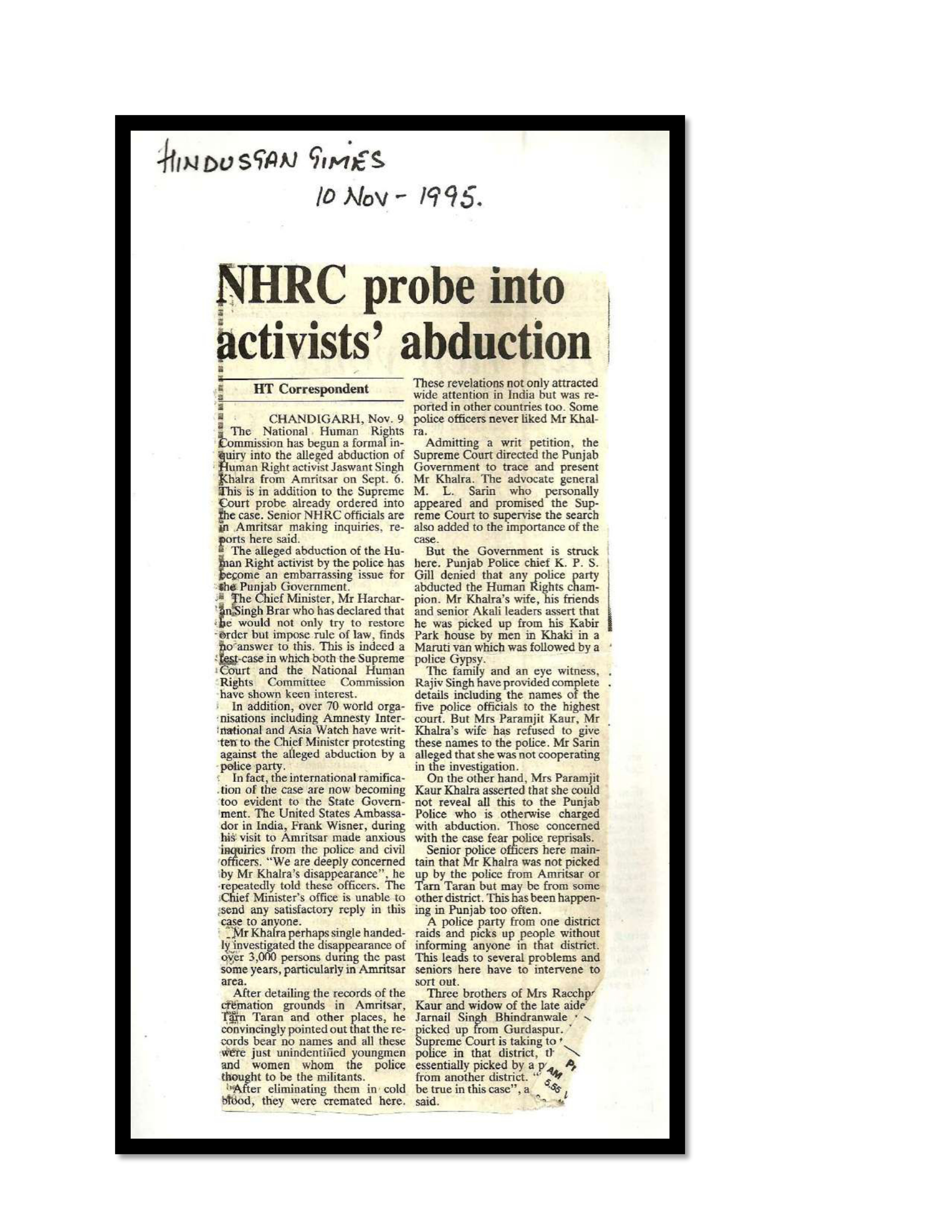 Jaswant Singh Khalra newspaper clipping page 21 — Punjab press archive