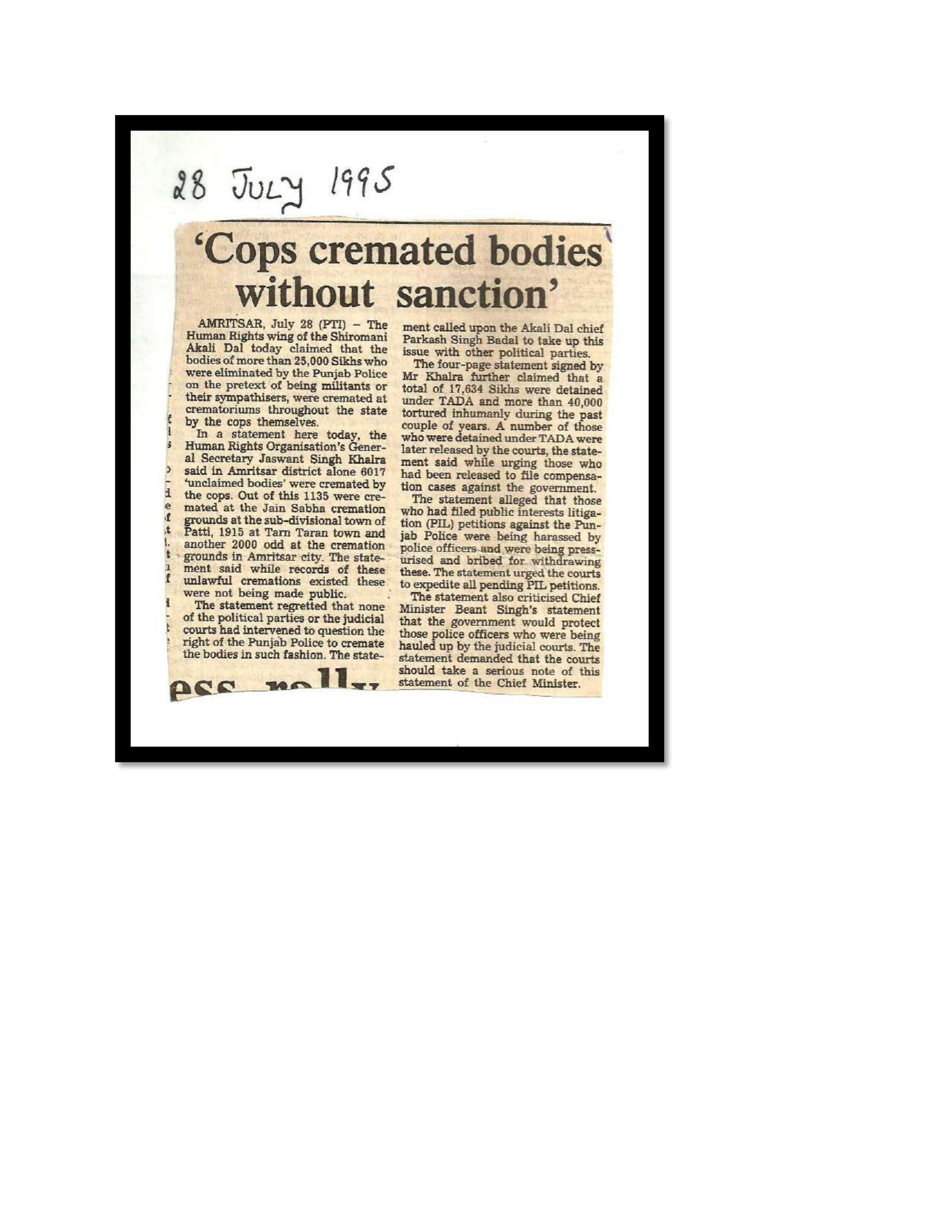 Jaswant Singh Khalra newspaper clipping page 55 — Punjab press archive