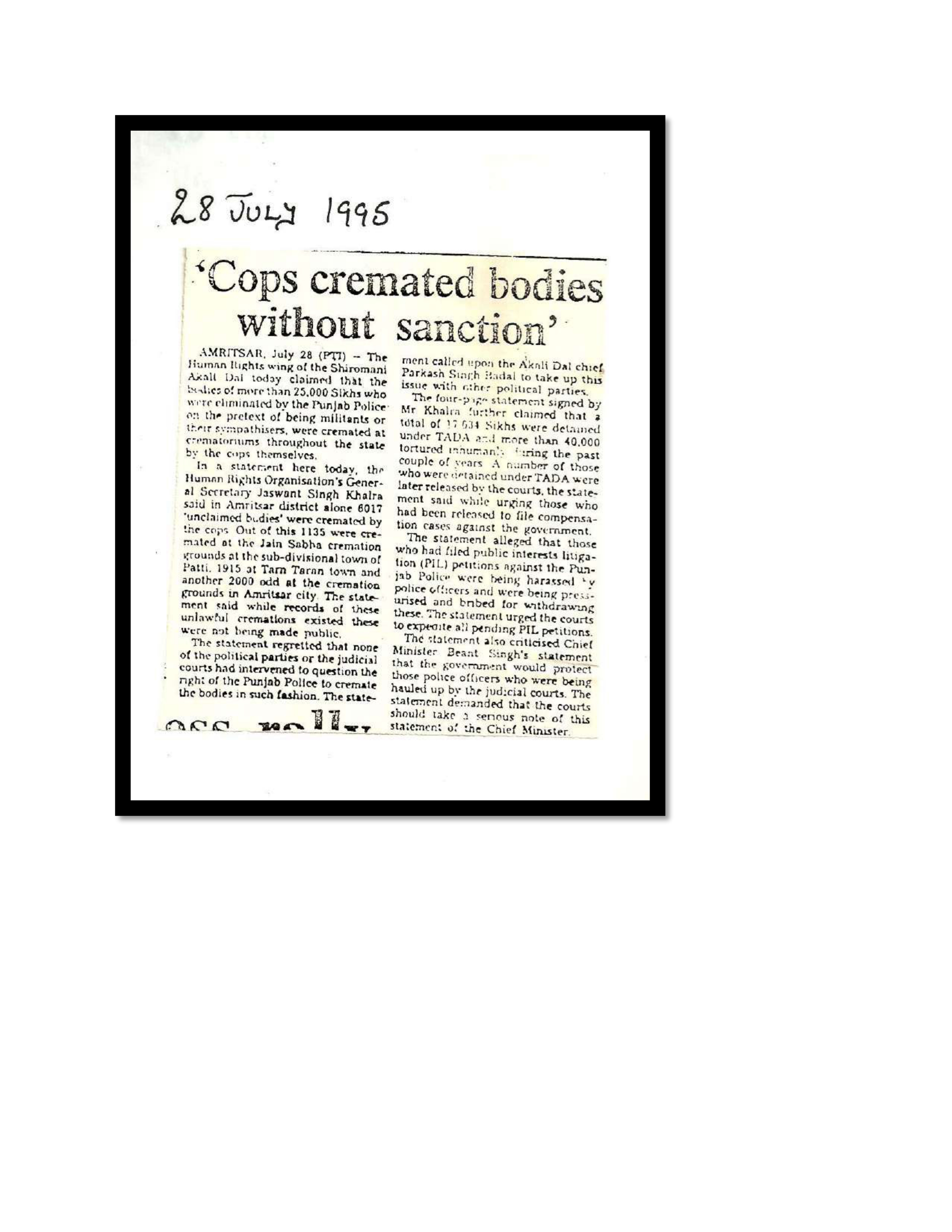 Jaswant Singh Khalra newspaper clipping page 56 — Punjab press archive
