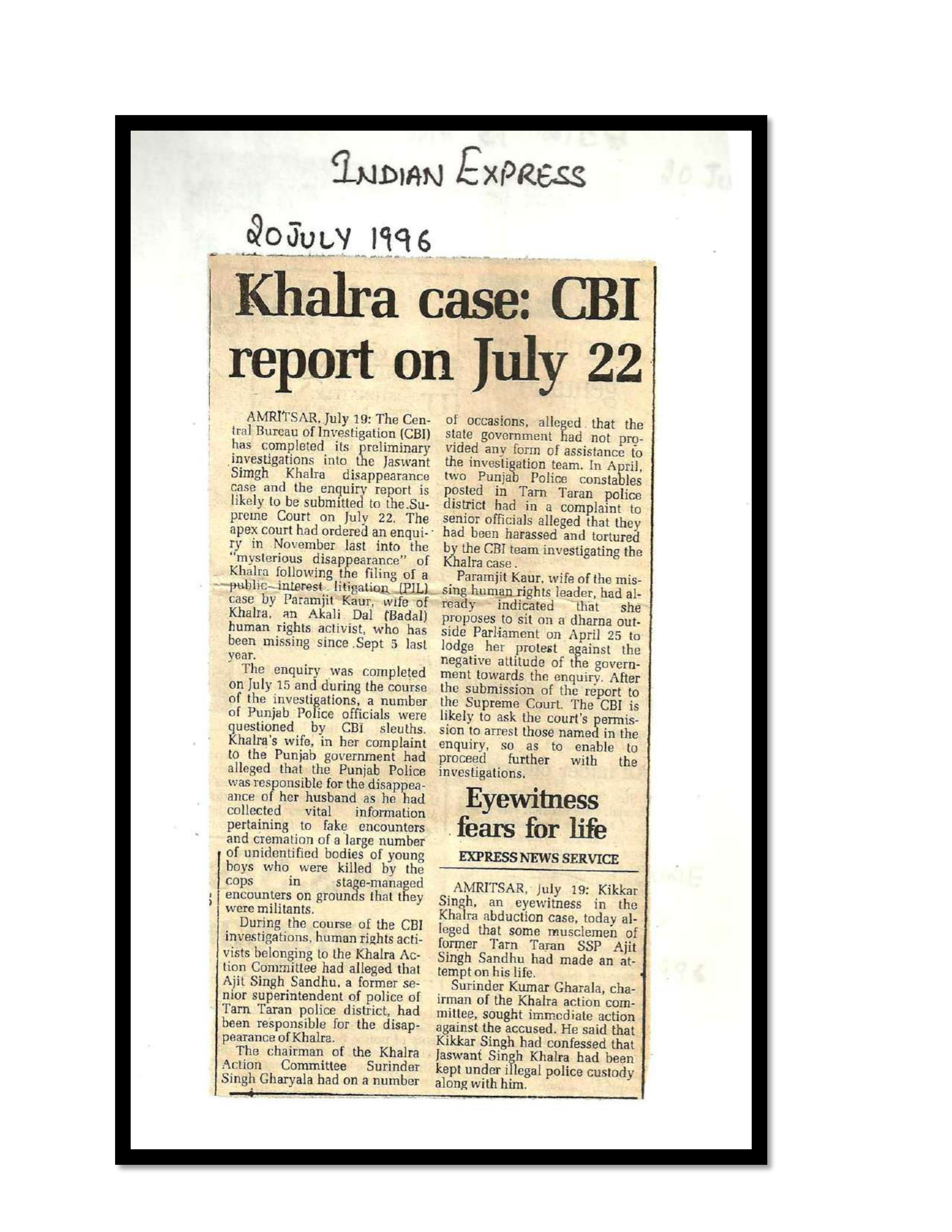 Jaswant Singh Khalra newspaper clipping page 85 — Punjab press archive