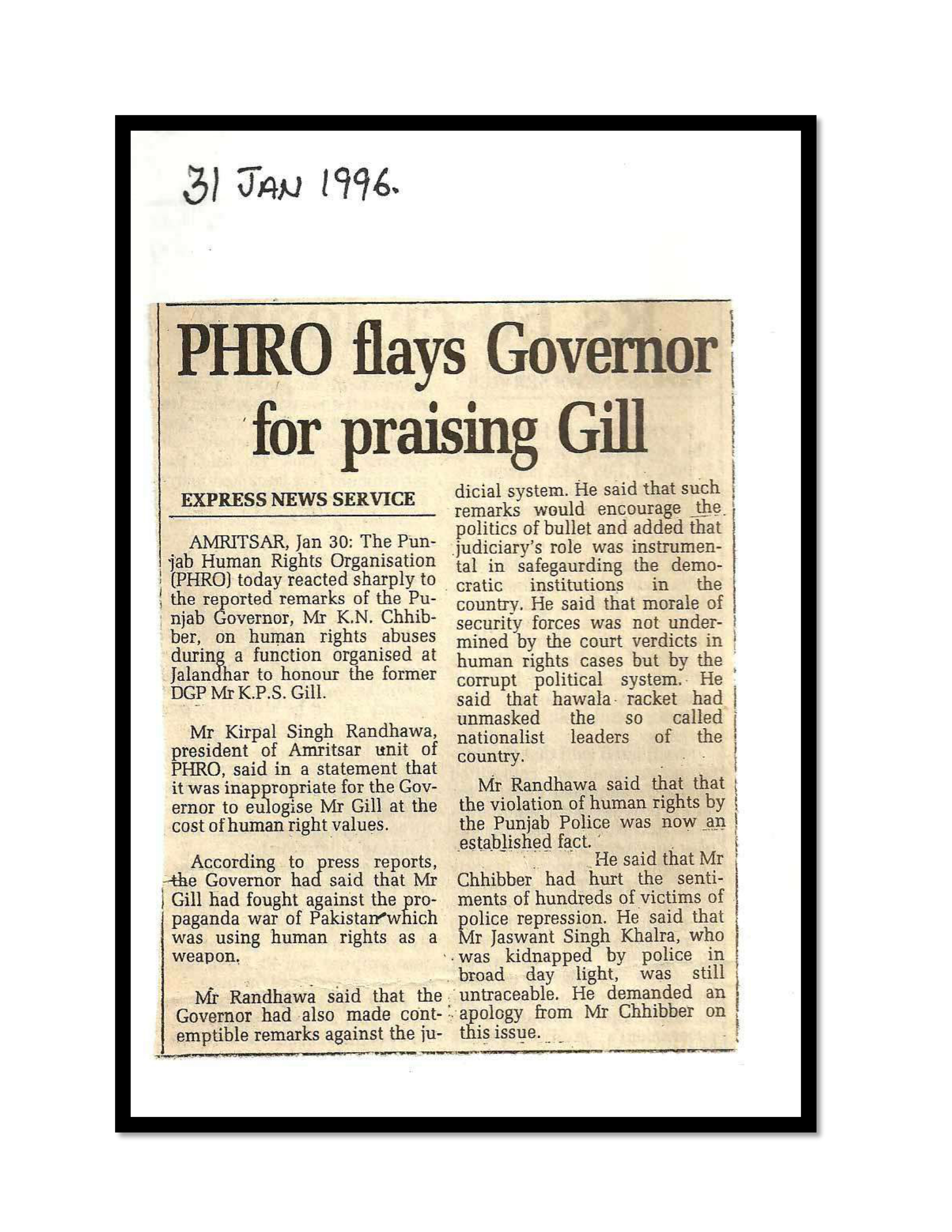 Jaswant Singh Khalra newspaper clipping page 102 — Punjab press archive