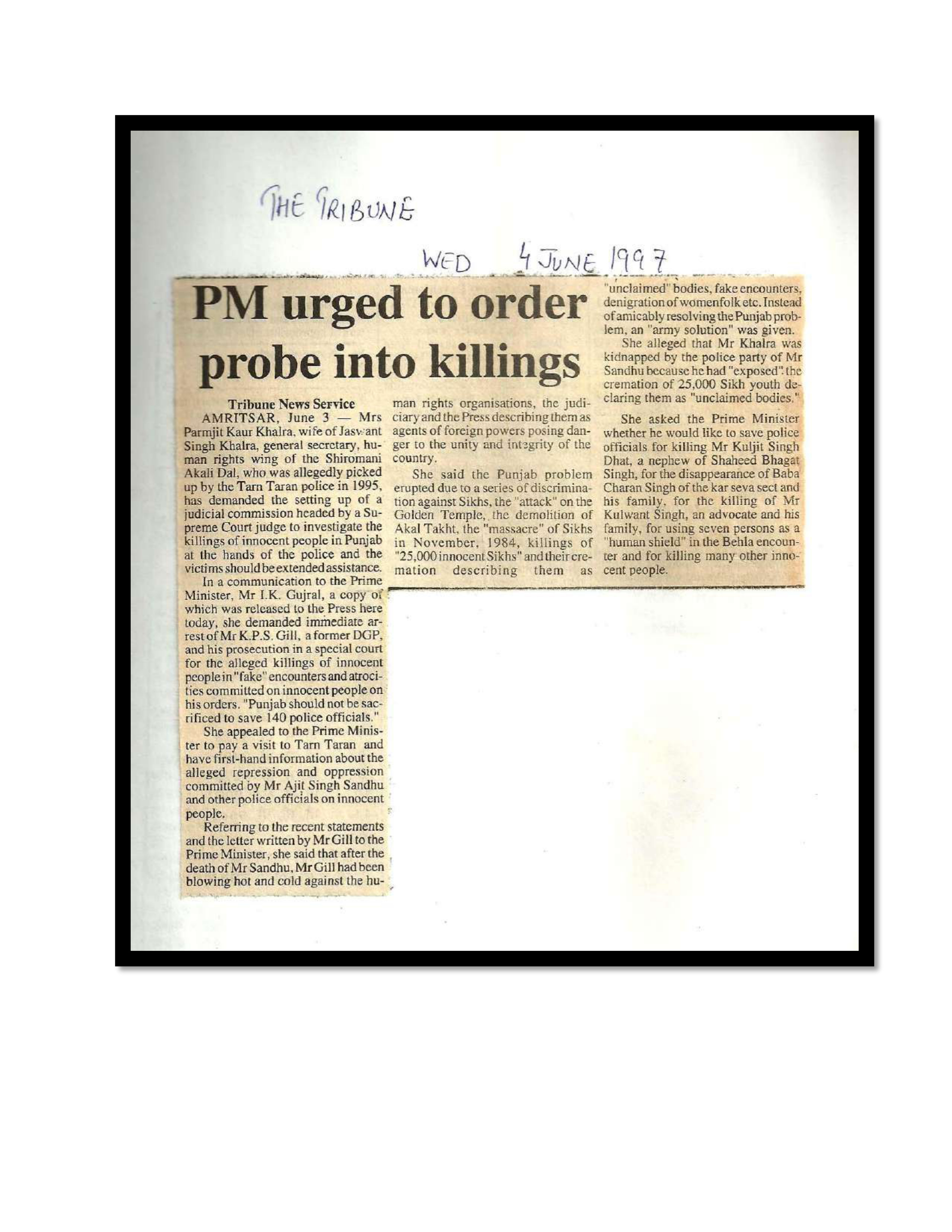 Jaswant Singh Khalra newspaper clipping page 131 — Punjab press archive