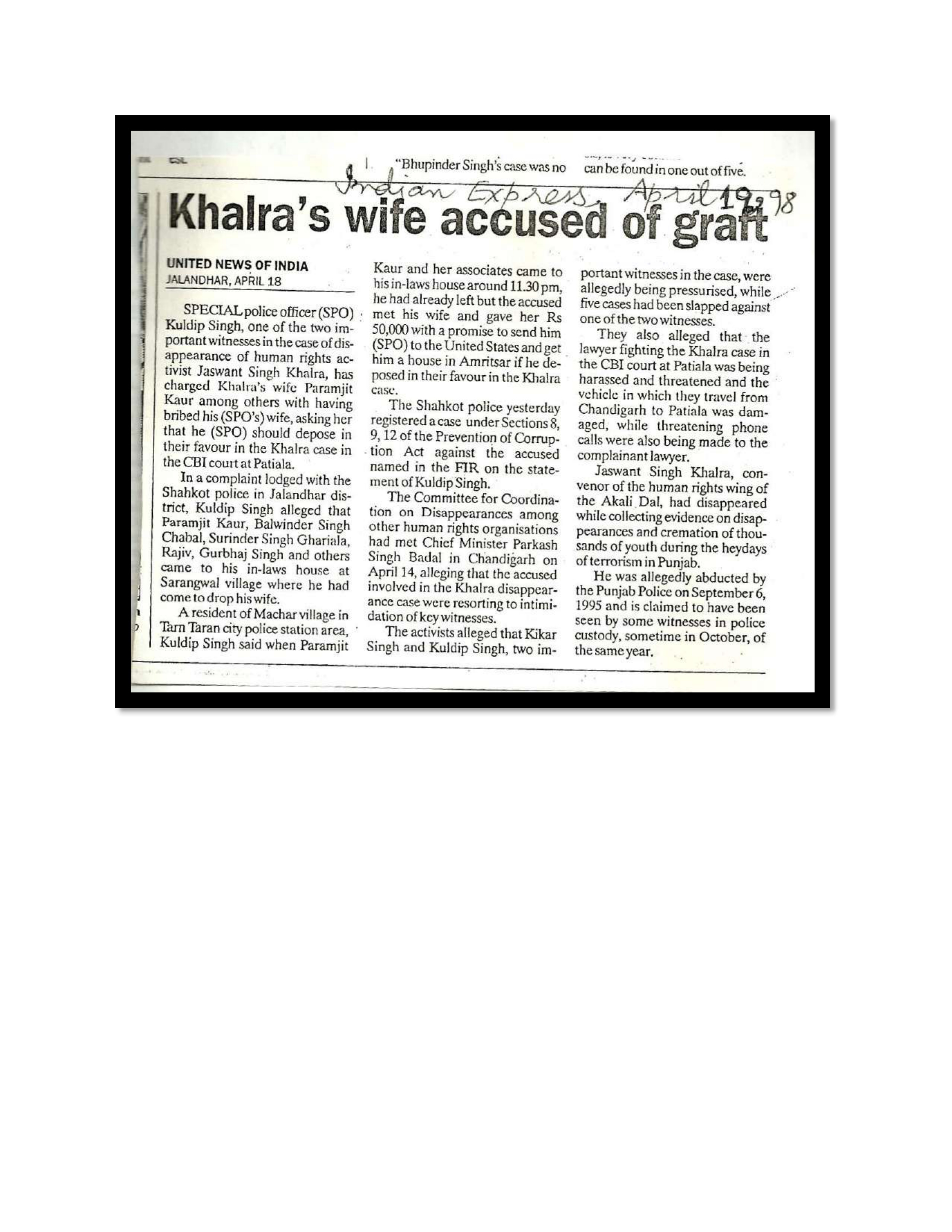 Jaswant Singh Khalra newspaper clipping page 133 — Punjab press archive