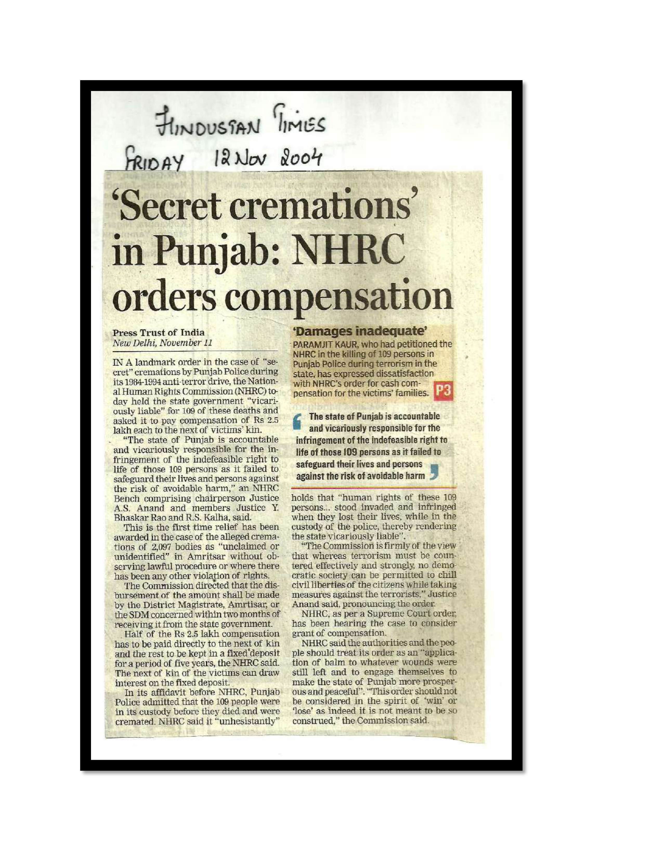 Jaswant Singh Khalra newspaper clipping page 139 — Punjab press archive