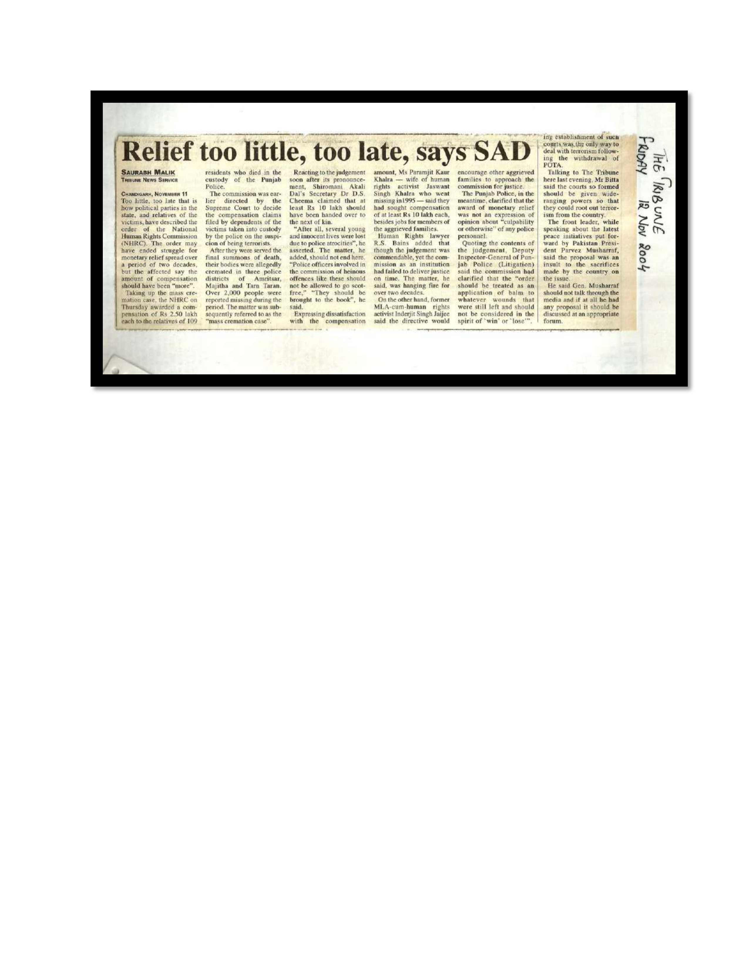Jaswant Singh Khalra newspaper clipping page 144 — Punjab press archive