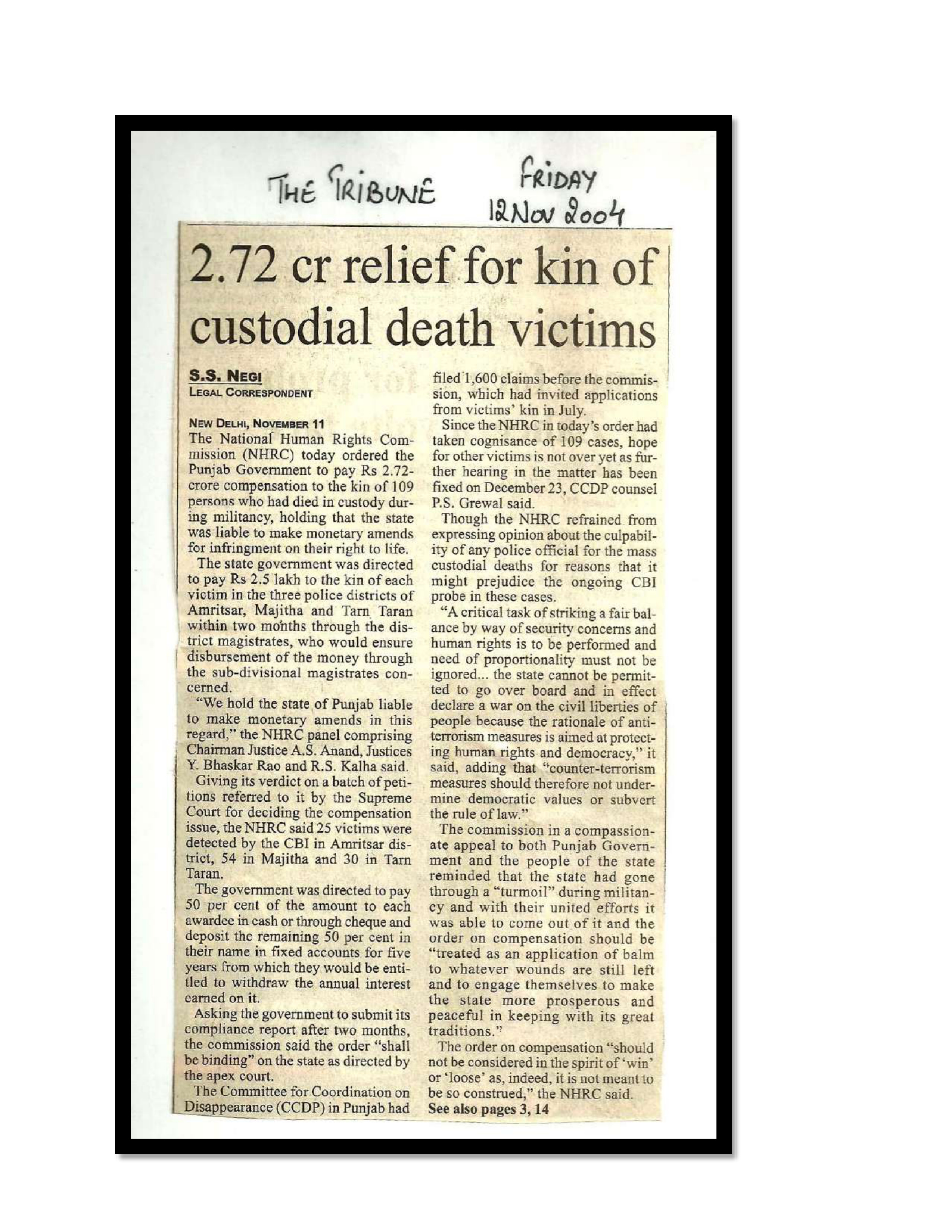 Jaswant Singh Khalra newspaper clipping page 145 — Punjab press archive