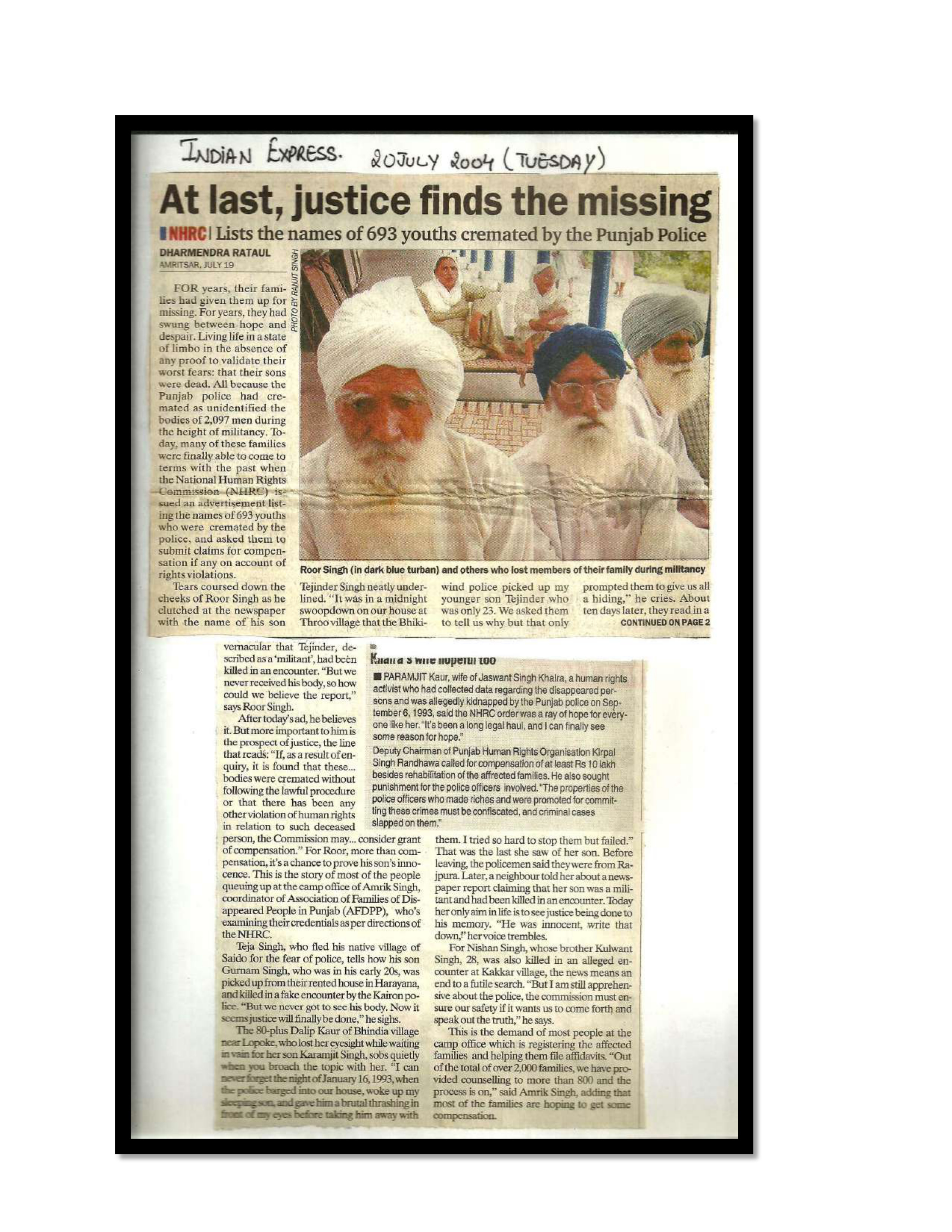 Jaswant Singh Khalra newspaper clipping page 152 — Punjab press archive