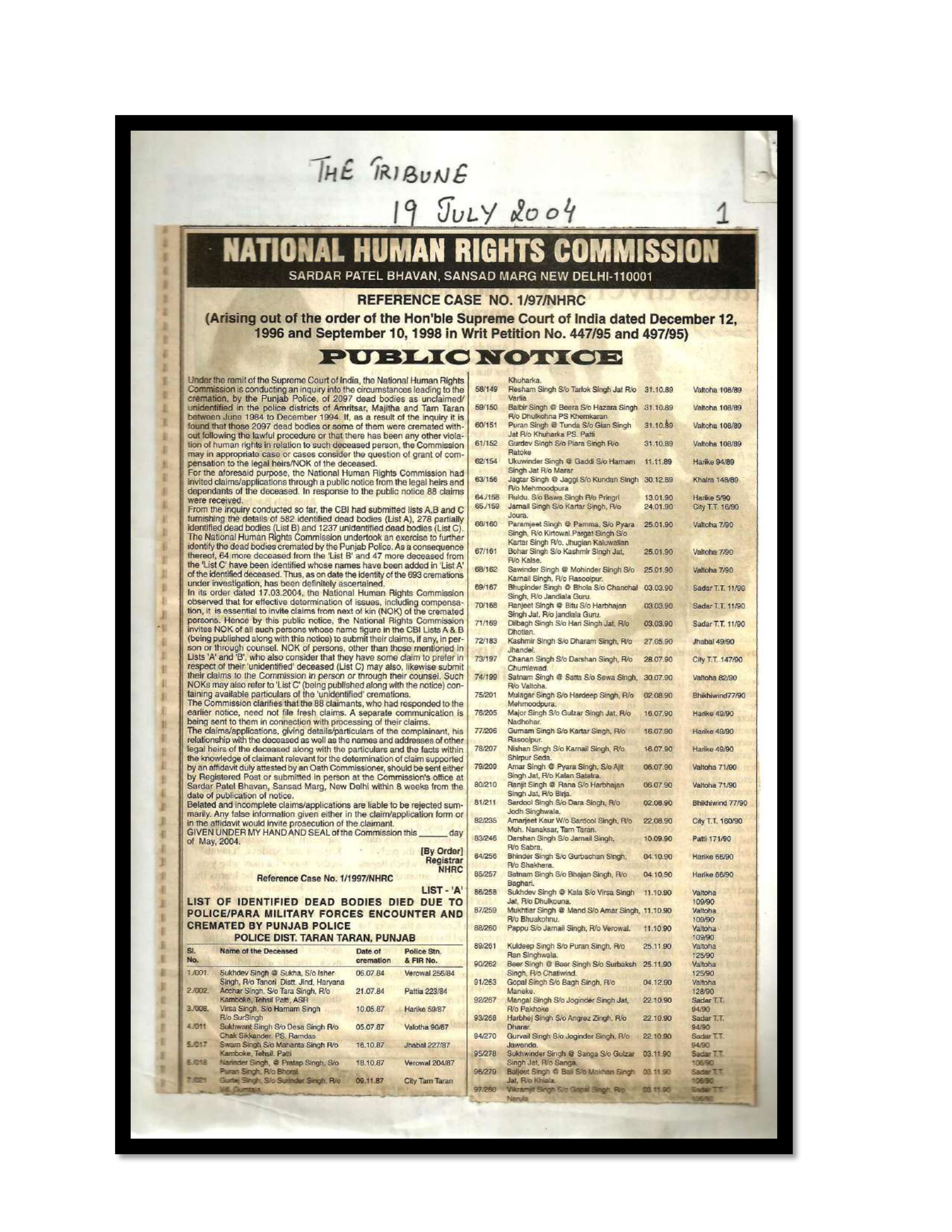 Jaswant Singh Khalra newspaper clipping page 153 — Punjab press archive